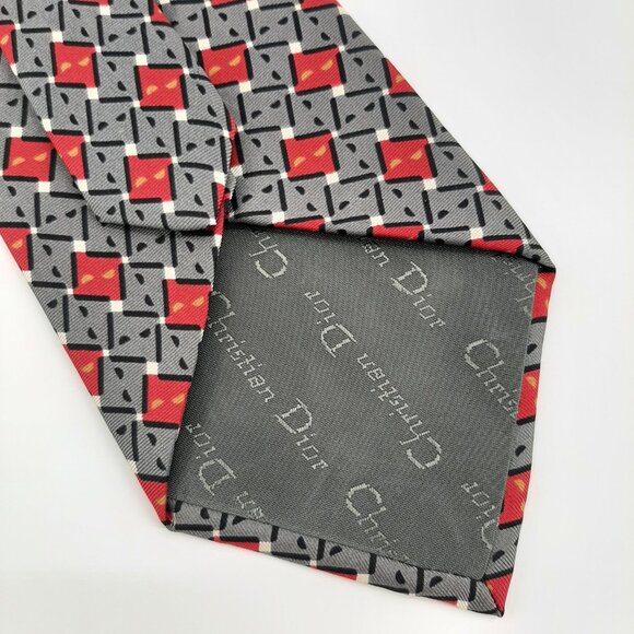 Christian Dior Mens Silk Neck Tie Red Gray Geometric Vintage Luxe 80s Modern - Picture 5 of 5